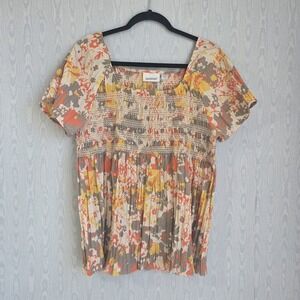 Avenue‎ Womens 14 16 Top Smocked Babydoll Gray Yellow Short Sleeve Peasant Boho